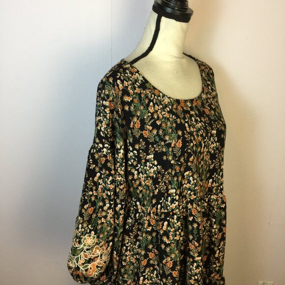 Solitaire Dress Size L Womans Black Floral Balloon Sleeve Embroidered Flowy Boho - Picture 9 of 15
